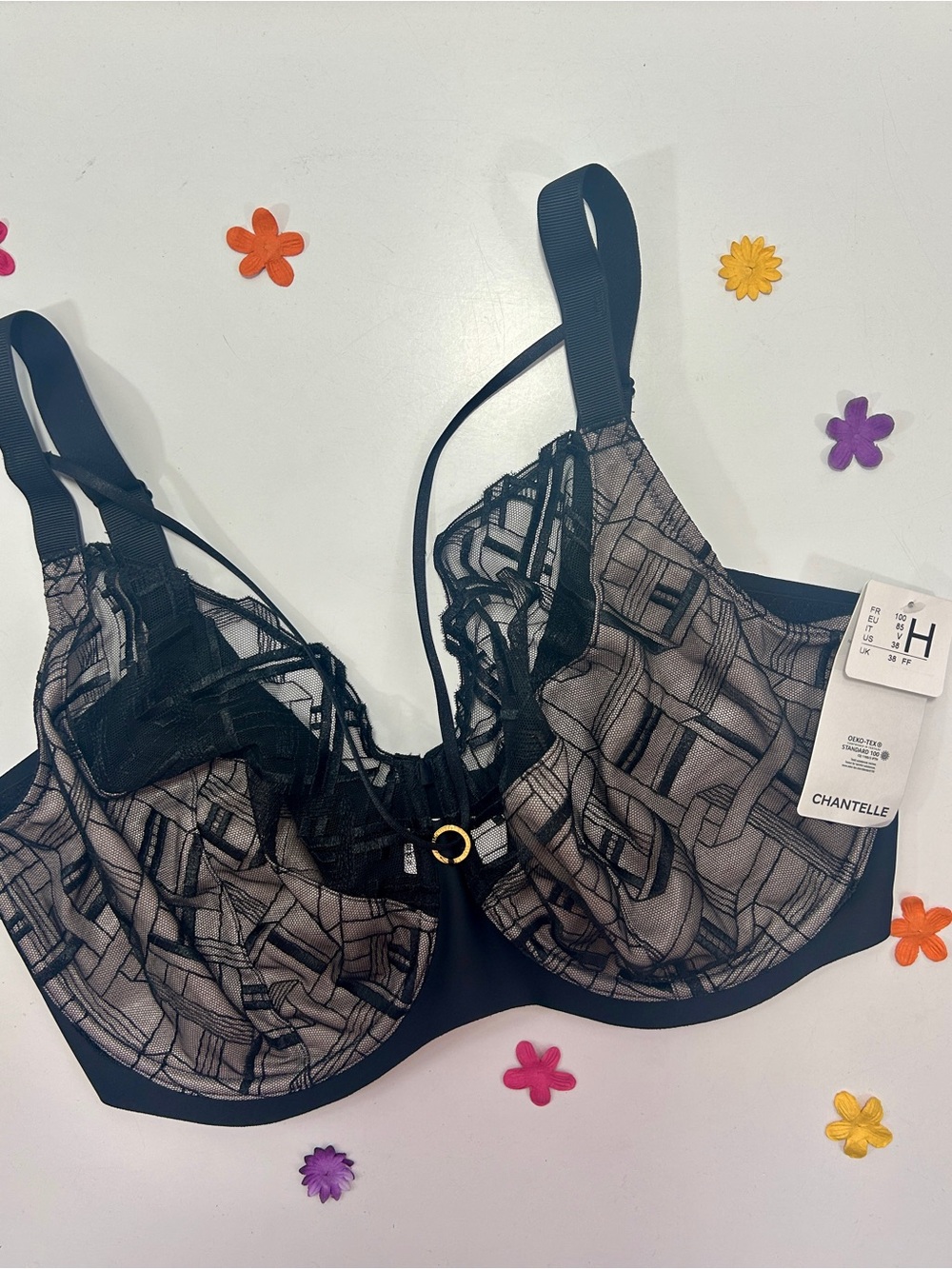 Chantelle Black and Gray Lace Underwire Bra with Gold Accent 38H NWT